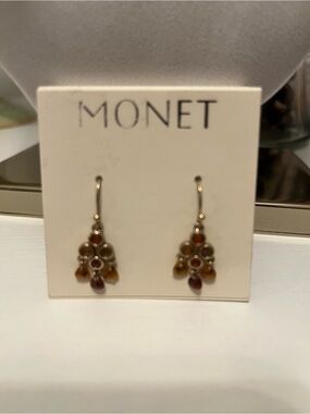 VTG Monet Gold Tone Amber Rhinestone  Small Chandelier Dangle Earrings